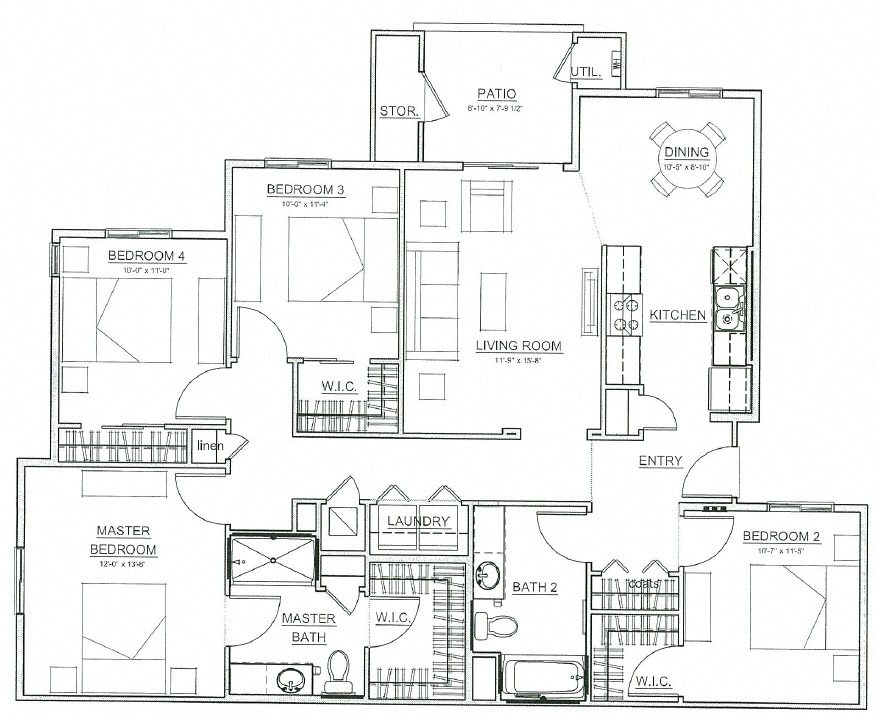 Floor plan for 4 beds, 2 baths, 1574 sqft